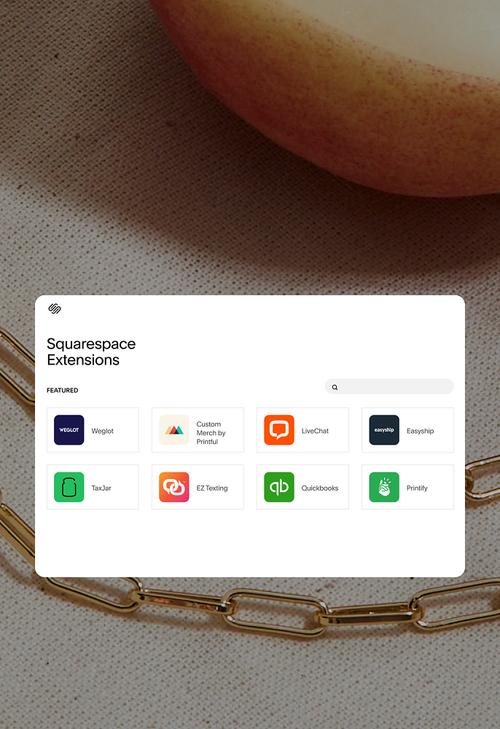 Squarespace Extensions dashboard showing featured integrations including Weglot, Printful, LiveChat, Easyship, TaxJar, EZ Texting, QuickBooks, and Printify.